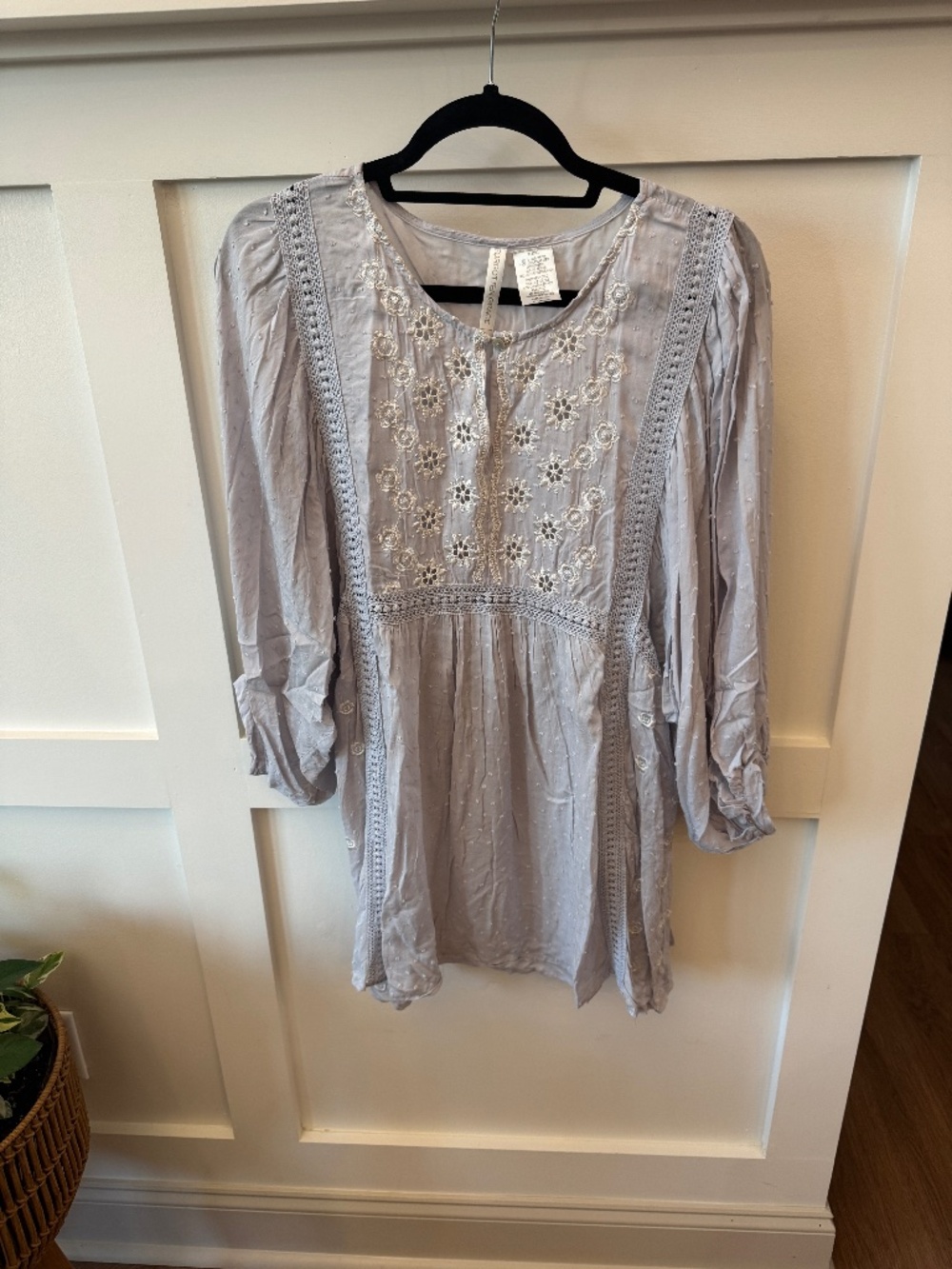Forgotten Grace Gray Embroidered Crochet Boho Tunic Dress